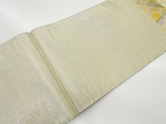  曲線に華紋・唐草・枝垂れ桜模様織出し袋帯